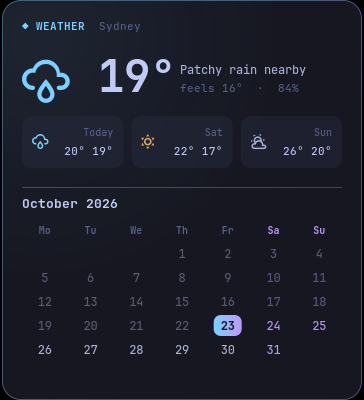 Sydney weather and calendar widget